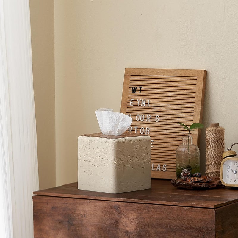 Polytree Natural Travertine & Wood Textures Tissue Box Cover Square for Home Decor,Resin Heavy Tissue Box Holder for Bathroom Countertop,Tabletop,Bedside Table,Office (Handmade of Resin) - Image 3
